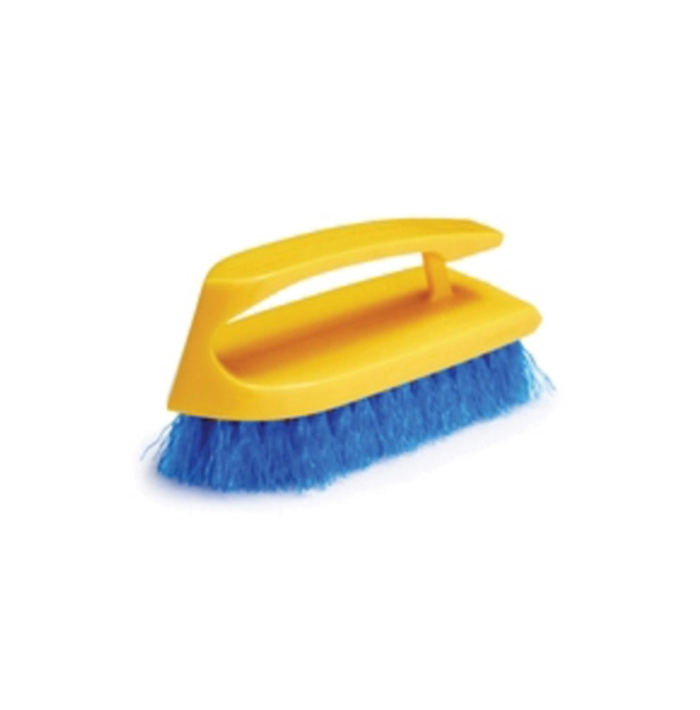 Rubbermaid® CommercialIron-Shaped Handle Scrub Brush, Blue Polypropylene Bristles, 6" Brush, 6" Yellow Plastic Handle.