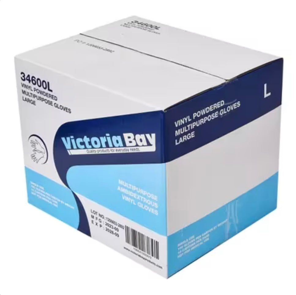 Victoria Bay Gloves Large (LG) Clear Vinyl Disposable Powder-Free 100 Count/Pack 10 Packs/Case 1000 Count/Case