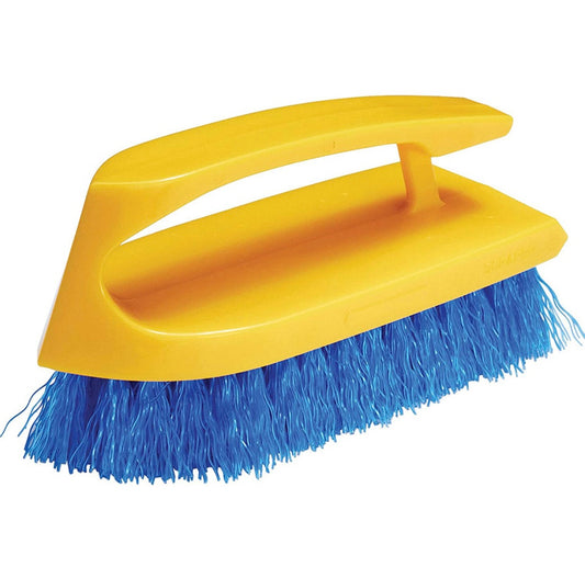 Rubbermaid® CommercialIron-Shaped Handle Scrub Brush, Blue Polypropylene Bristles, 6" Brush, 6" Yellow Plastic Handle.